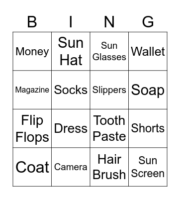 Suit Case Bingo Card
