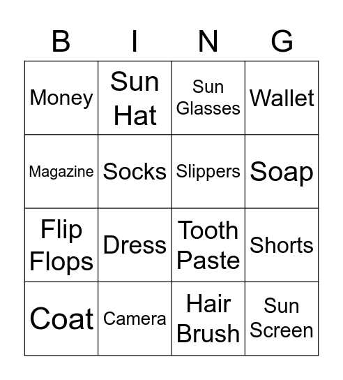 Suit Case Bingo Card
