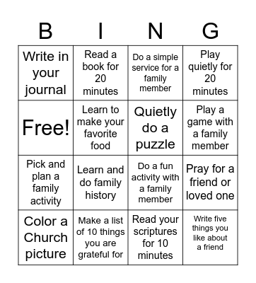 Sunday Bingo Challenge Bingo Card