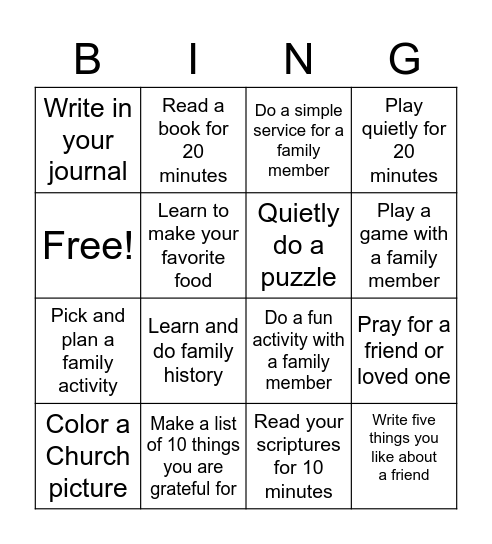 Sunday Bingo Challenge Bingo Card