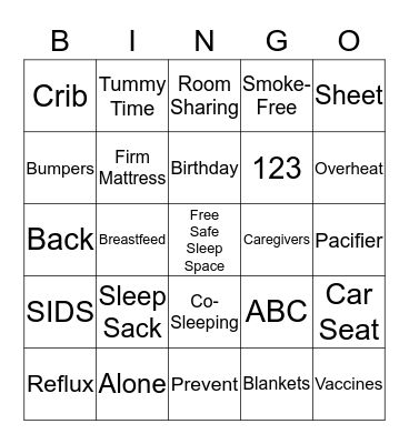 Safe Sleep Bingo Card