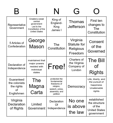 Founding Principles and Documents Bingo Card