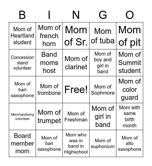 SFHS Band Moms Bingo Card