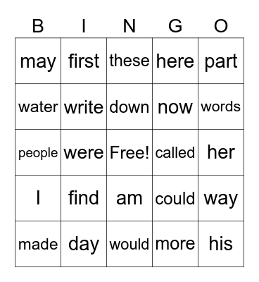 Sight Words Bingo Card