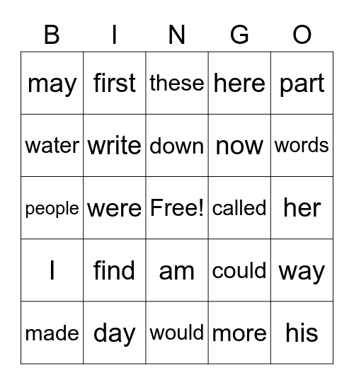 Sight Words Bingo Card