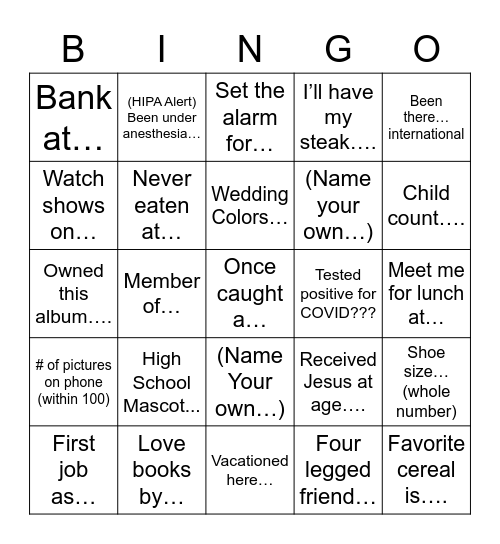 Common Bond Bingo Card