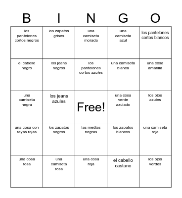 Spanish Color  Bingo Card