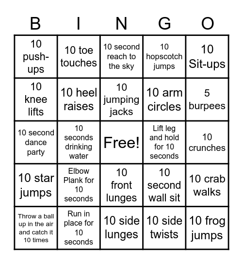 Fitness Bingo Card