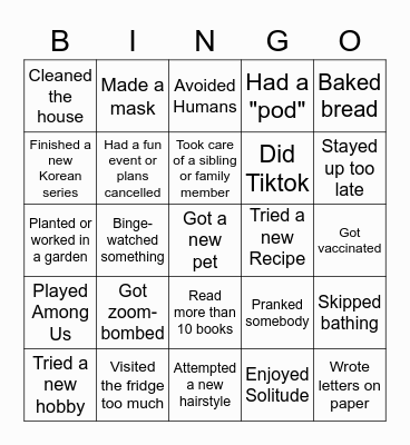 QUARANTINE Human Bingo Card Bingo Card