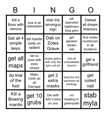 Hollow Knight Bingo Card