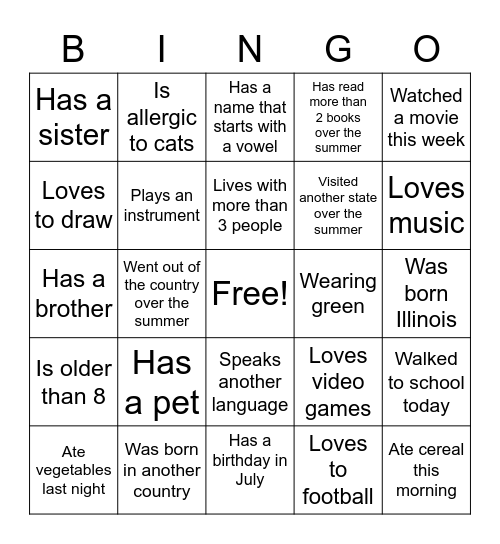 Mrs. Slaughter's Getting to Know You Bingo Card