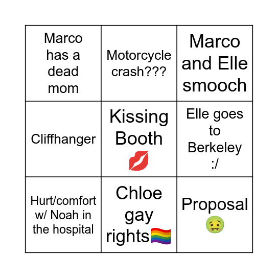 Kissing Booth Bingo Card