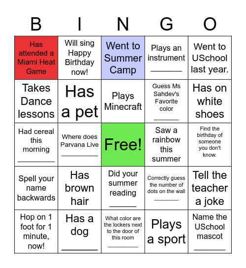 USchool Orientation Bingo Card