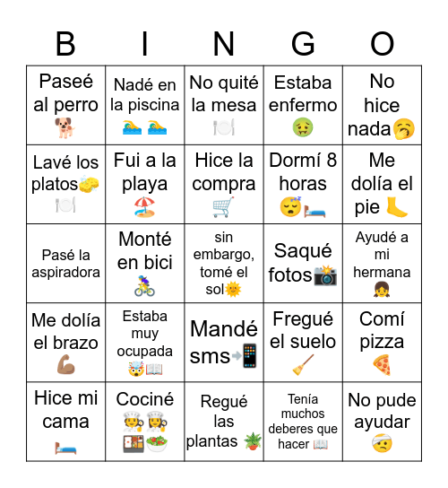 Chores in Past Tense Bingo Card