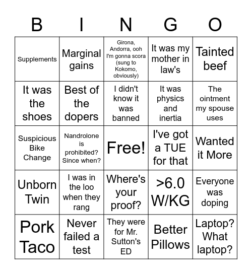 Busted Doper Bingo Card