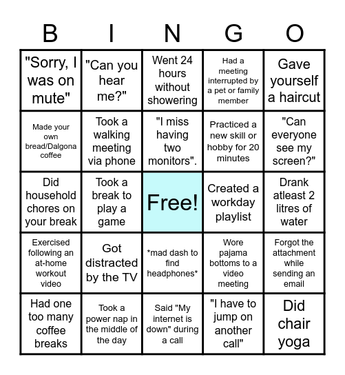 Work From Home Bingo Card