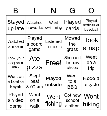 Summer Break Bingo Card