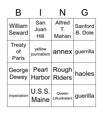 American Imperialism Bingo Card