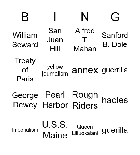 American Imperialism Bingo Card