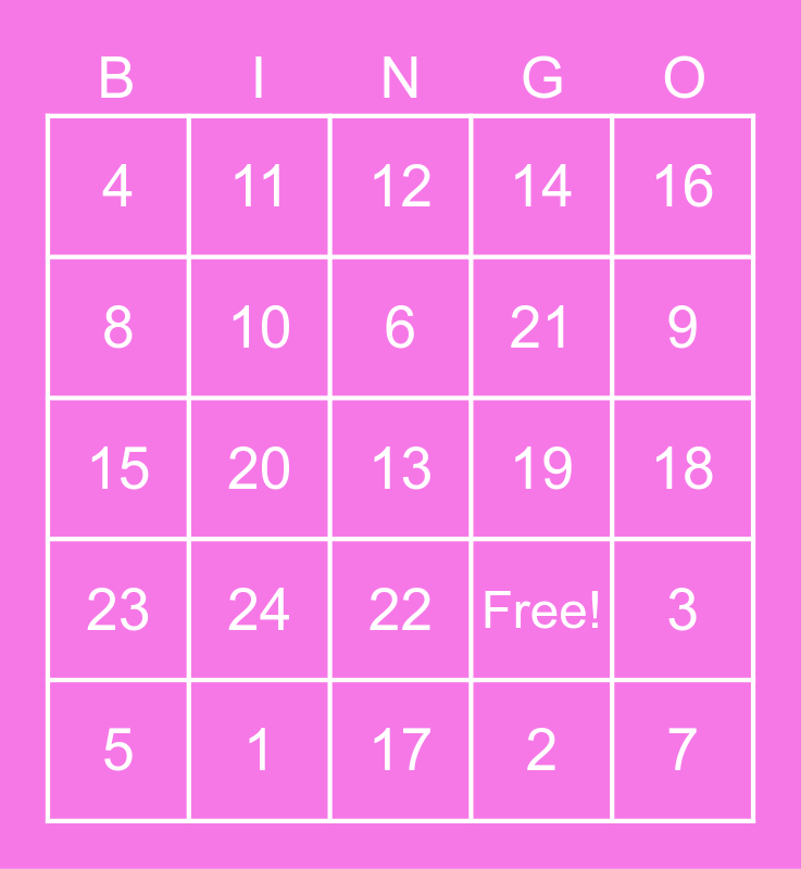 Crazy Bingo 1-20 Bingo Card
