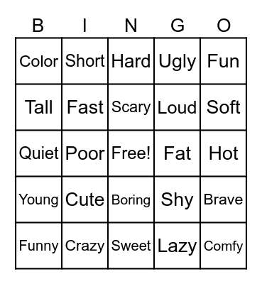 Adjective Bingo Card