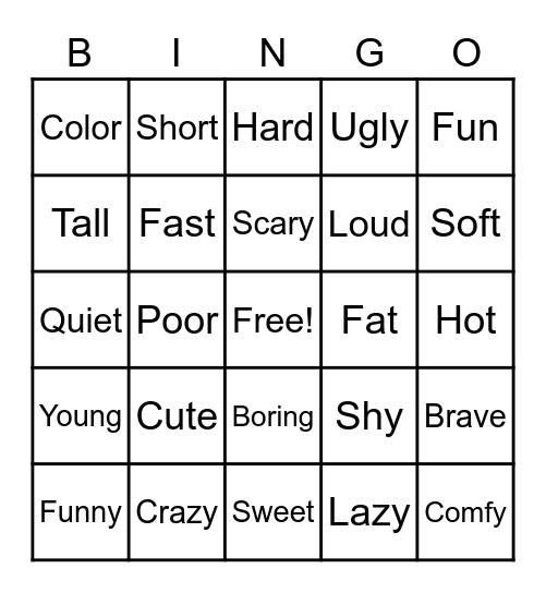 Adjective Bingo Card