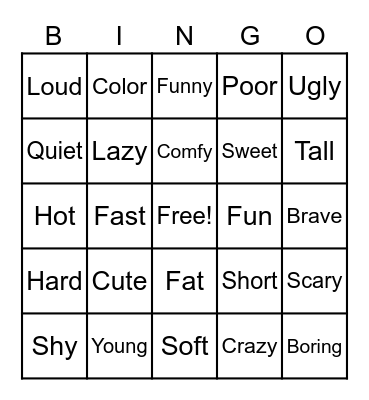 Adjective Bingo Card