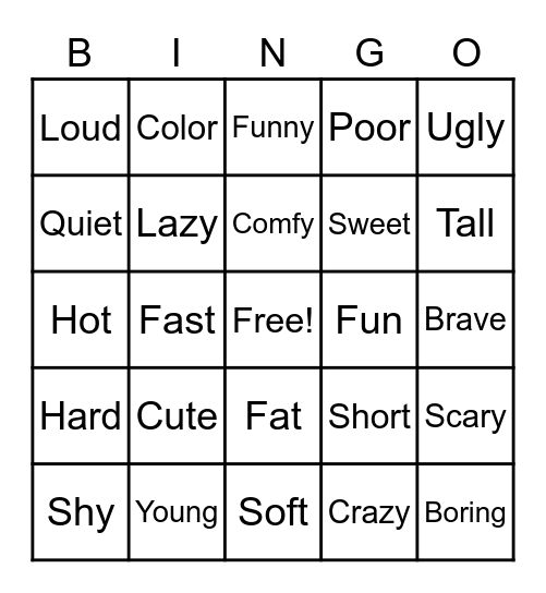 Adjective Bingo Card