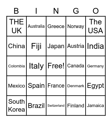 Countries Bingo Card