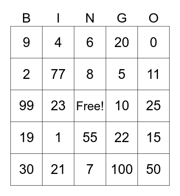 NUMBER BINGO Card