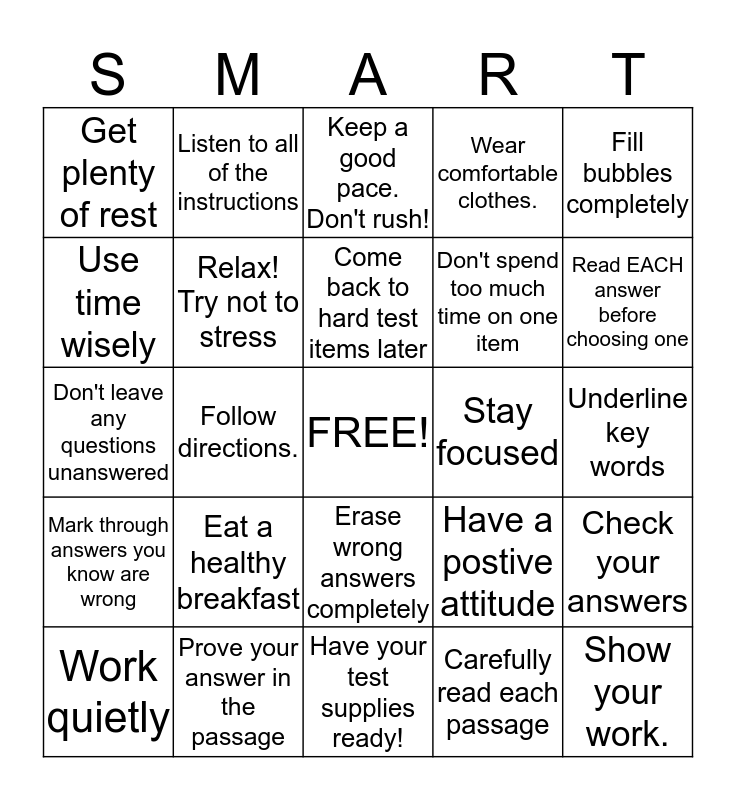 Test Taking Skills Bingo Card