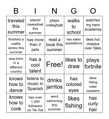 Back to school Bingo Card