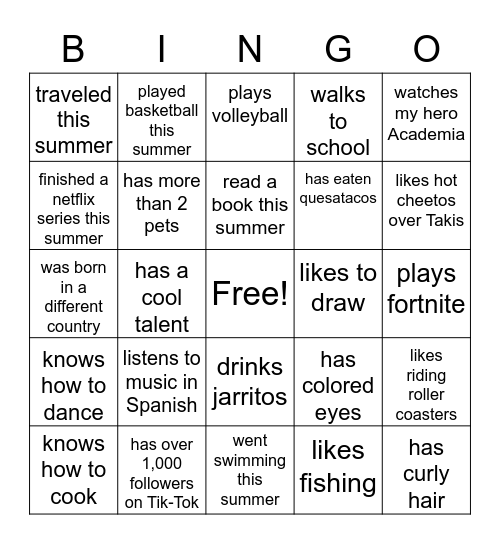 Back to school Bingo Card