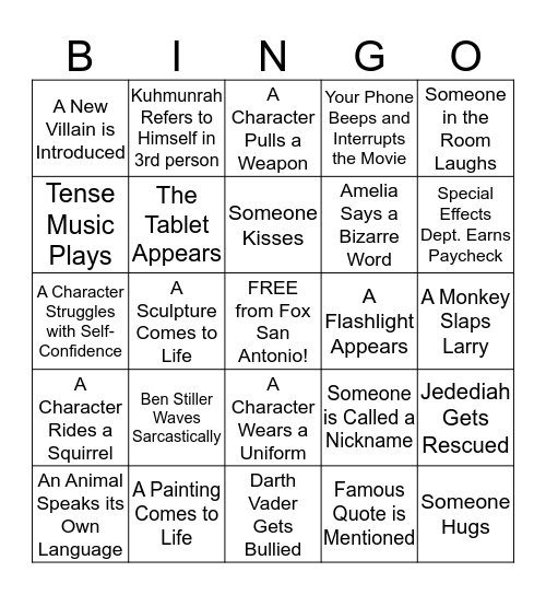 Night at the Museum 2 Bingo Card