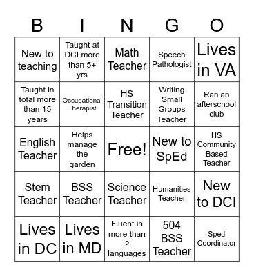 Student Support Human Bingo Card