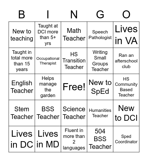 Student Support Human Bingo Card