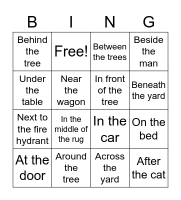 Prepositions Bingo Card