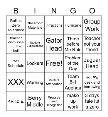 Mr. P's Class Expectations Bingo Card