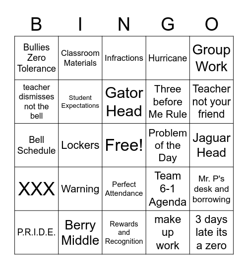 Mr. P's Class Expectations Bingo Card