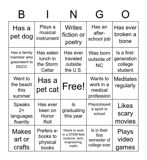 Class Bingo Card