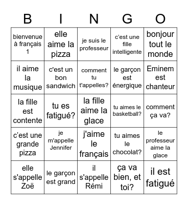 Day 4 French 1 Bingo Card