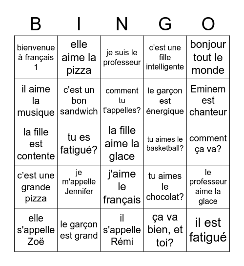 Day 4 French 1 Bingo Card
