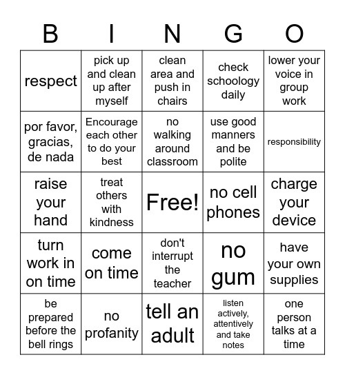 classroom rules Bingo Card