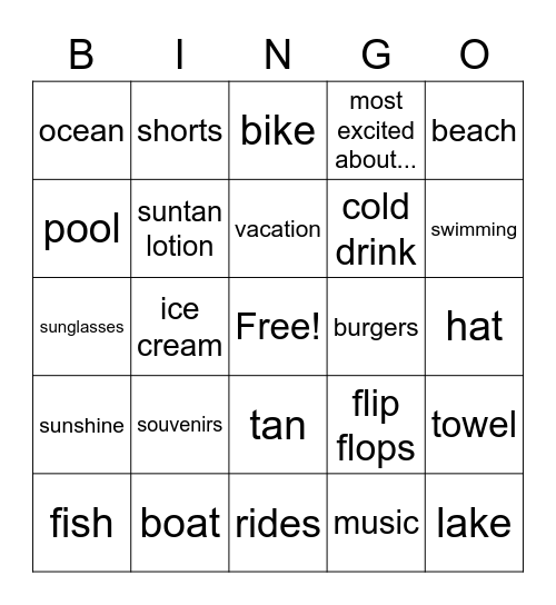 Vacation Bingo Card