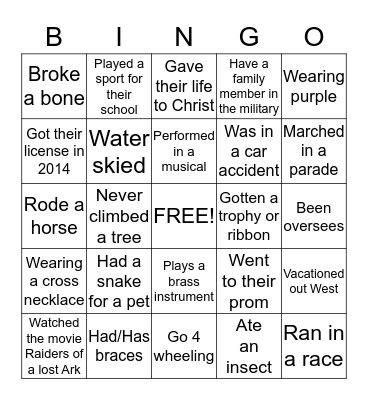 Getting to know you Bingo Card