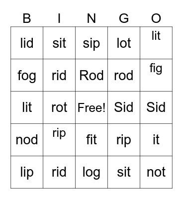 1.1 i and o Bingo Card