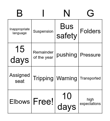 Bus and Hit/Kick/Push Bingo Card