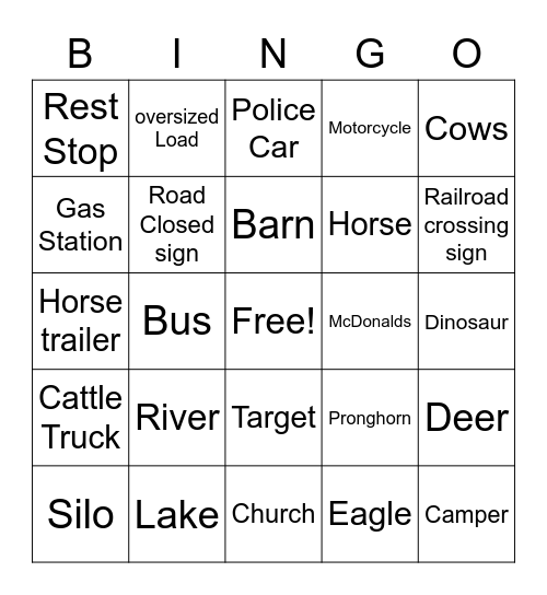 Road Trip Bingo Card