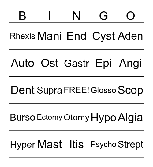 Medical Terminology Bingo Card