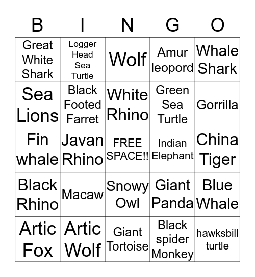 Endangered animals Bingo Card